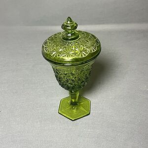 Vintage L.E. Smith Green Glass Candy Dish w/Lid Daisy And Button Footed Compote